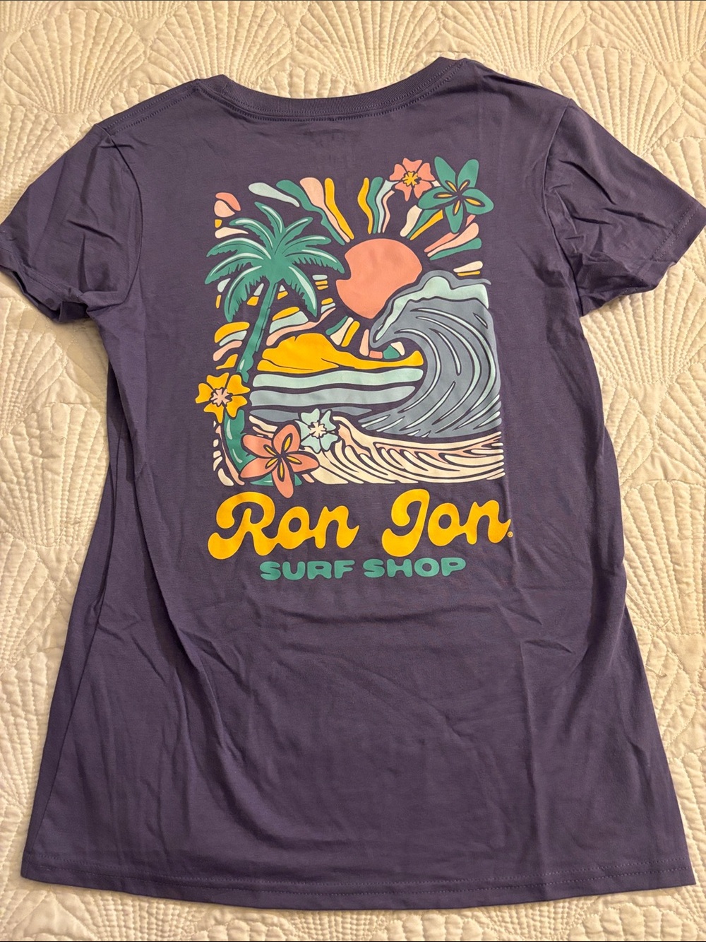 Ron Jon Purple Surf Graphic Tee with Coral, Yellow & Teal Accents